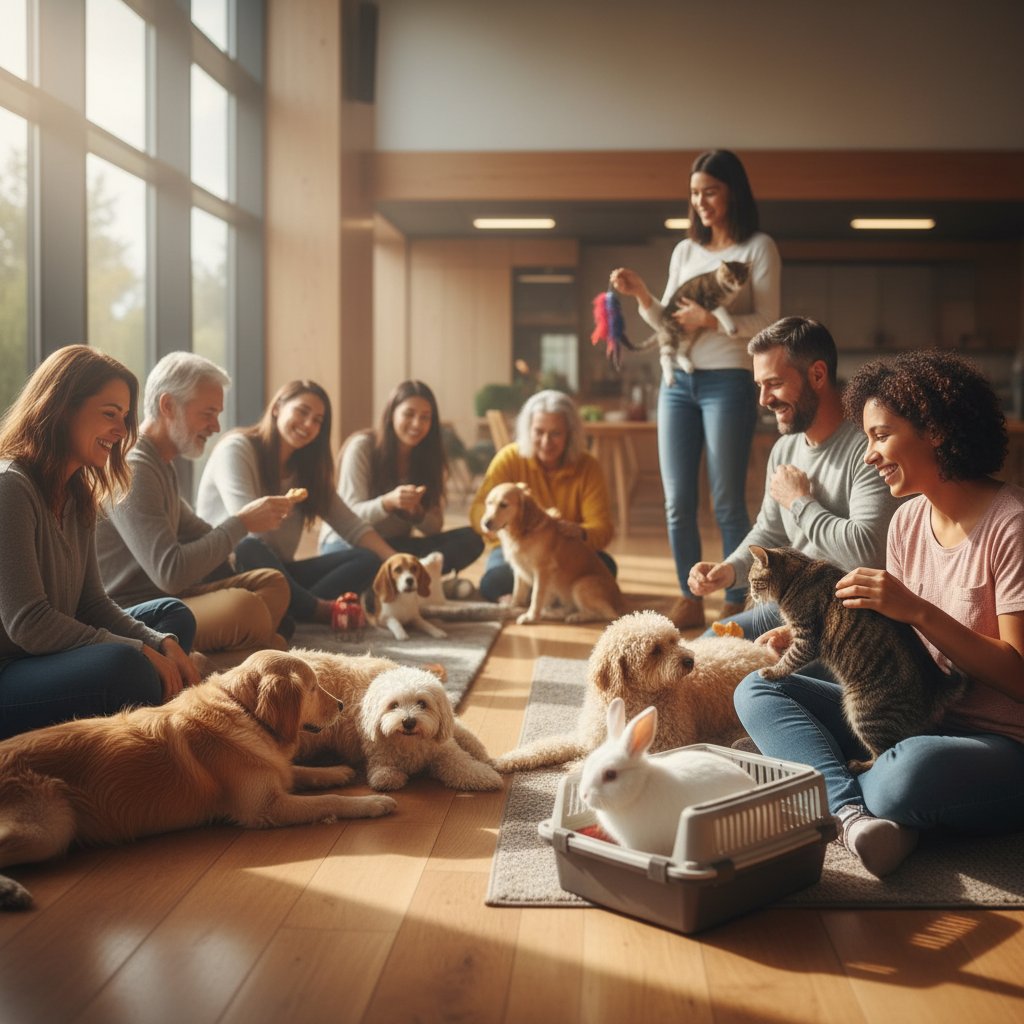 Szczęśliwy właściciel z psem i kotem korzystający z programu wsparcia